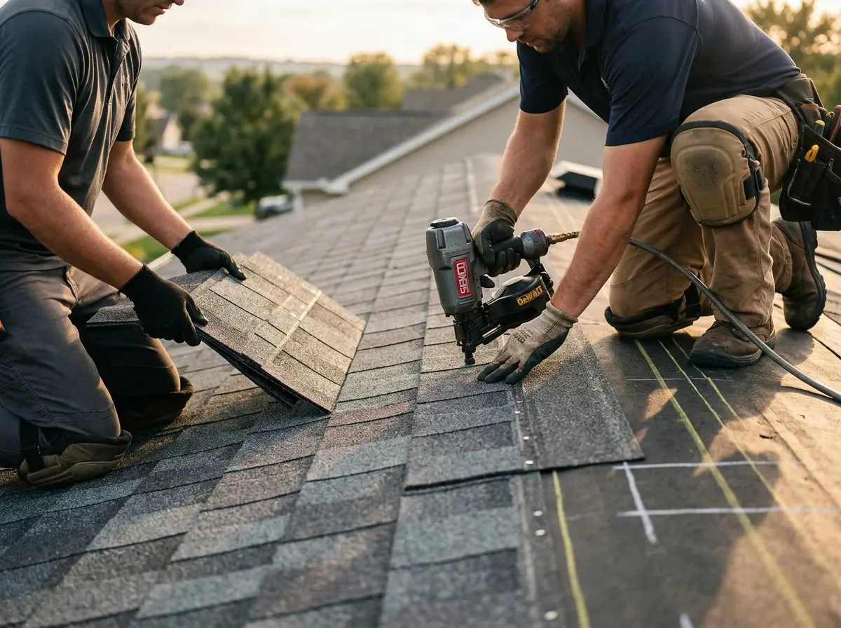 Professional roofer working on a residential roof in Crosspointe